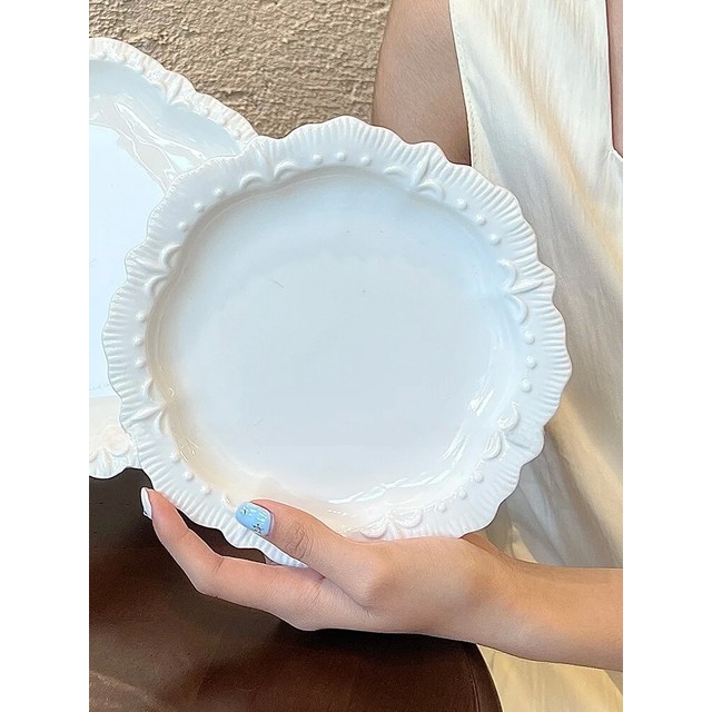 [해외] 레트로 양각 꽃무늬 세라믹 디저트 샐러드 아침식사 요거트 볼 접시 서양식 식기 꽃 모양 일체형 다용도