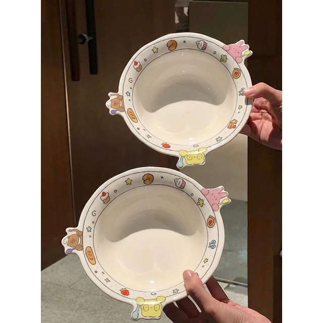 [해외] 귀여운 만화 캐릭터 세라믹 그릇 아침밥 요거트 과일 샐러드 디저트 1인용 식기류 둥근 모양 고온 에나멜